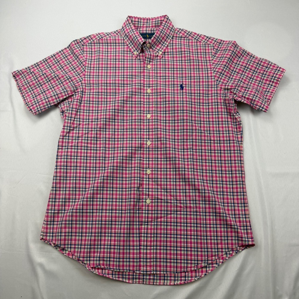 Ralph Lauren Button Down Shirt Mens Medium Pink Plaid Short Sleeve Pony Logo